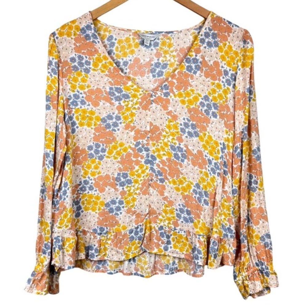 LUCKY BRAND Peach Blue Yellow Floral Long Sleeve V-neck Boho Casual Top, size M